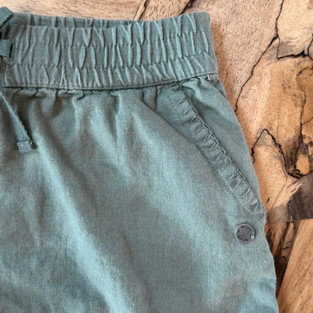 Roxy Girl Olive Green Linen Drawstring Shorts Size 12 Large Beach Coastal